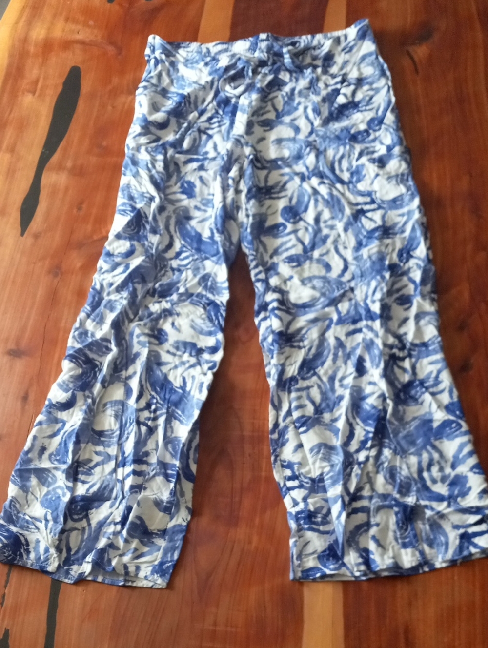 Caribbean Joe Blue & White Printed Wide-Leg Pants Size L